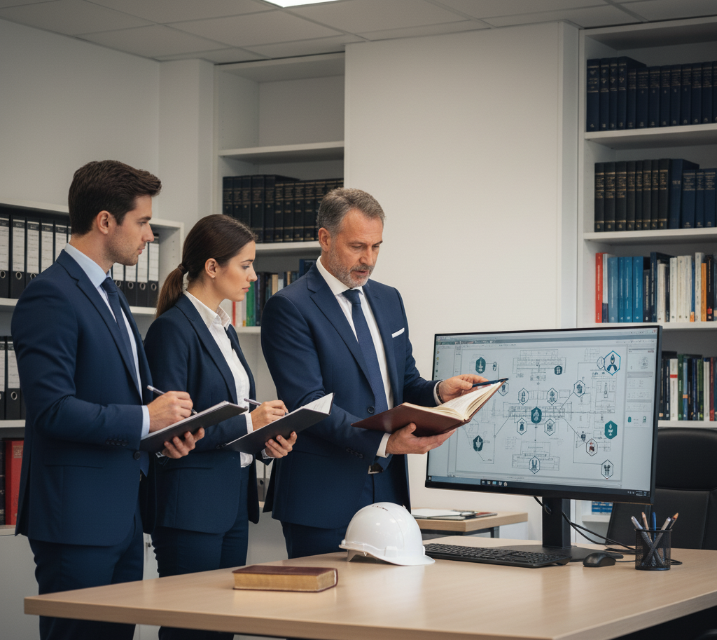 Persone al computer che discutono documenti sulla sicurezza sul lavoro